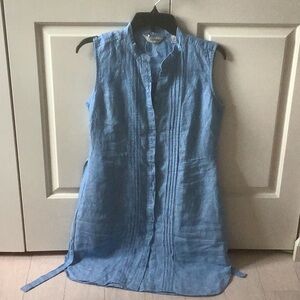 L.L Bean 100% linen‎ blue button front sleeveless shirt dress 10 Petite